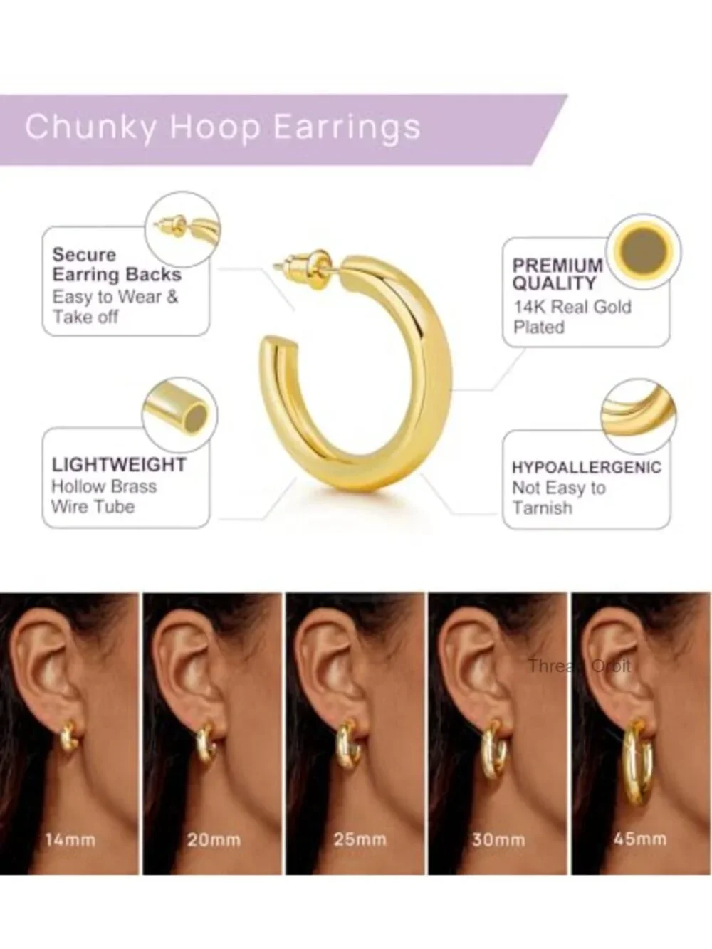 14K Gold Plated Chunky Small Hoop Earrings Lightweight Jewelry Gift